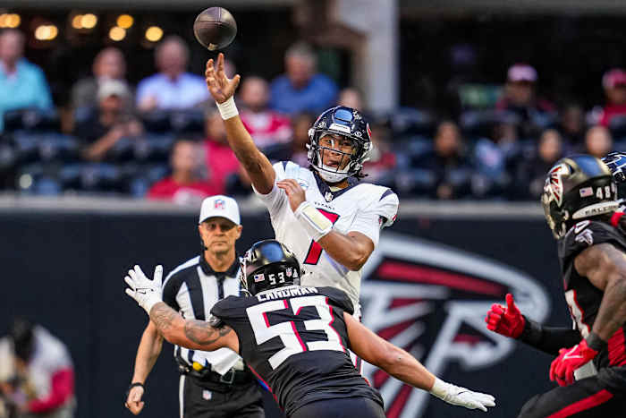 Texans quarterback C.J. Stroud passes against the Atlanta Falcons during the first half at Mercedes-Benz Stadium.